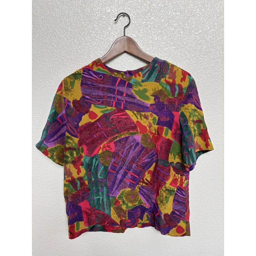 Vintage George Georgiou women's multicolor silk blouse short sleeve artsy 80s M
